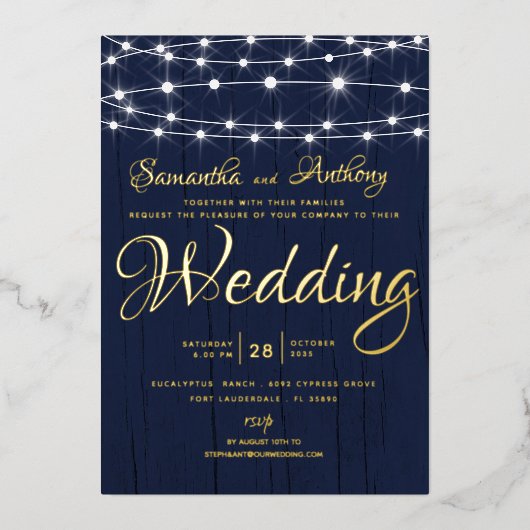 Elegant Gold & Navy String Lights RSVP Wedding Folie Uitnodiging (Voorkant)