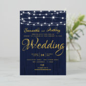 Elegant Gold & Navy String Lights RSVP Wedding Folie Uitnodiging (Staand Voorkant)