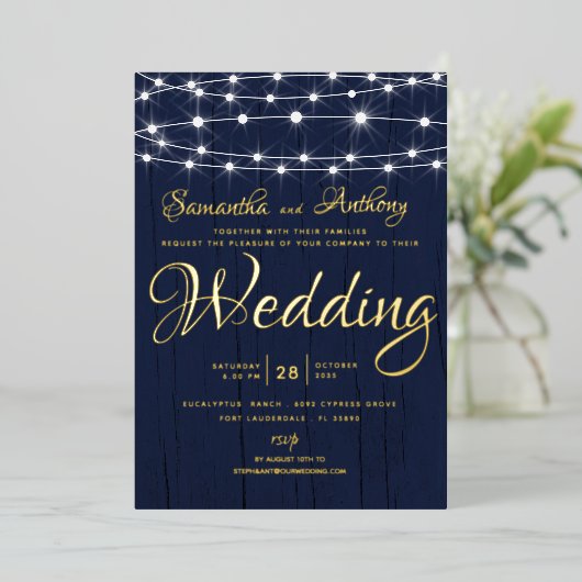 Elegant Gold & Navy String Lights RSVP Wedding Folie Uitnodiging (Staand Voorkant)