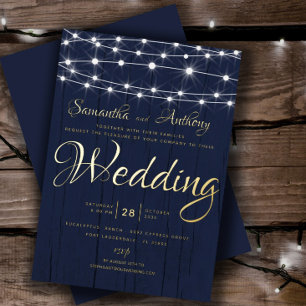 Elegant Gold & Navy String Lights RSVP Wedding Folie Uitnodiging