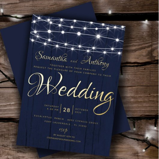 Elegant Gold & Navy String Lights RSVP Wedding Folie Uitnodiging