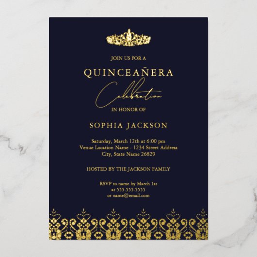 Elegant Gold Navy Tiara Quinceanera Folie Uitnodiging (Voorkant)
