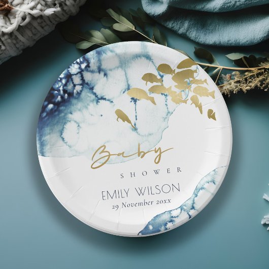 ELEGANT GOLD NAVY UNDERWATER FISCH BABY SHOWER PAPIEREN BORDJE