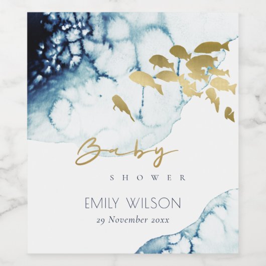 ELEGANT GOLD NAVY UNDERWATER FISCH BABY SHOWER WIJN ETIKET (Enkel label)