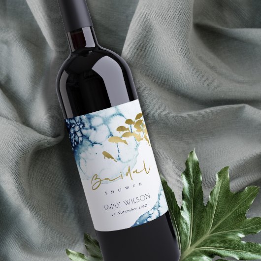 ELEGANT GOLD NAVY UNDERWATER FISCH VRIJGEZELLENFEE WIJN ETIKET