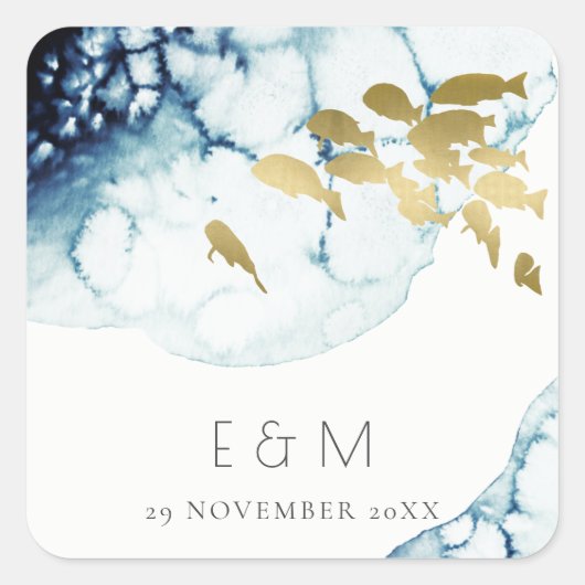 ELEGANT GOLD NAVY UNDERWATER FISH MONOGRAM WEDING VIERKANTE STICKER (Voorkant)