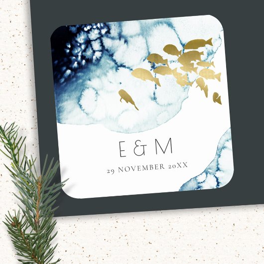 ELEGANT GOLD NAVY UNDERWATER FISH MONOGRAM WEDING VIERKANTE STICKER