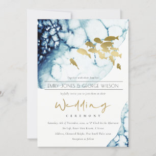 ELEGANT GOLD NAVY UNDERWATER FISH WEDDING INVITE BEDANKKAART