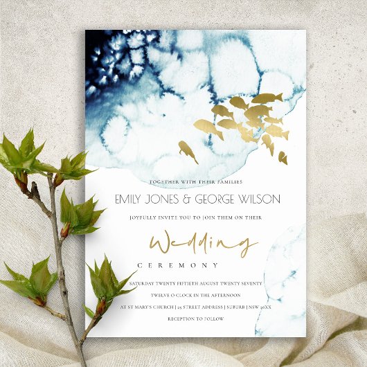 ELEGANT GOLD NAVY UNDERWATER FISH WEDDING INVITE BEDANKKAART