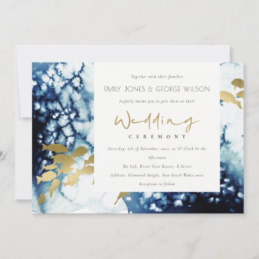 ELEGANT GOLD NAVY UNDERWATER FISH WEDDING INVITE BEDANKKAART (Voorkant)