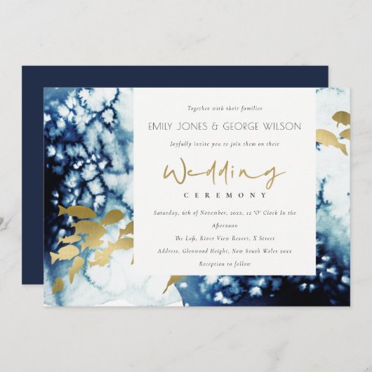 ELEGANT GOLD NAVY UNDERWATER FISH WEDDING INVITE BEDANKKAART (Voorkant / Achterkant)