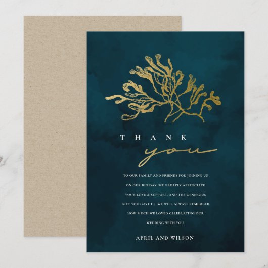 ELEGANT GOLD NAVY UNDERWATER SEAWEEDS WEDDING BEDANKKAART (Voorkant / Achterkant)