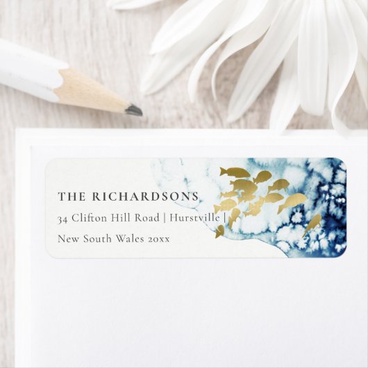 ELEGANT GOLD NAVY UNDERWATER ZEE FISADDRESS LABE ETIKET (Insitu)