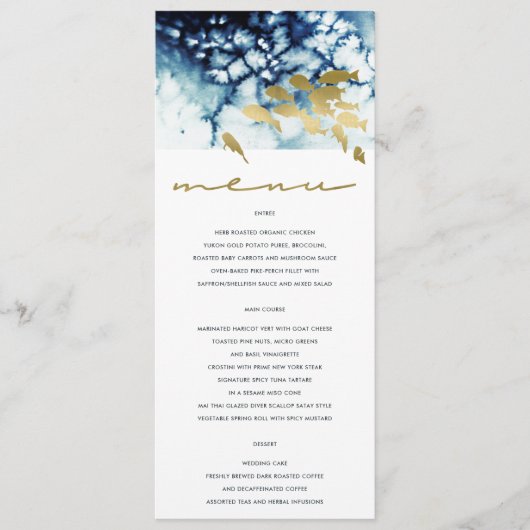 ELEGANT GOLD NAVY UNDERWATER ZEE FISH WEDDING MENU (Voorkant)