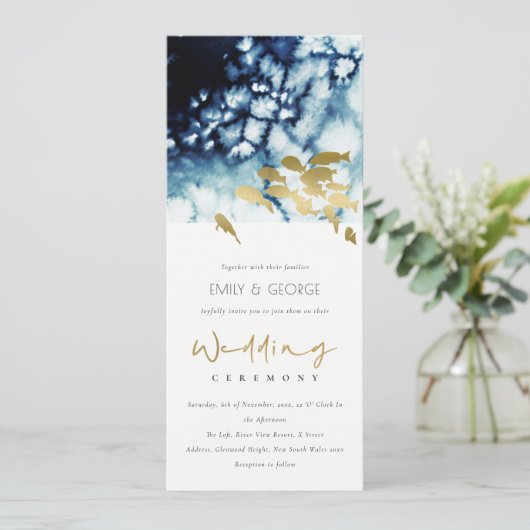 ELEGANT GOLD NAVY UNDERWATER ZEE VIS WEDDING INVI KAART (Staand voorkant)