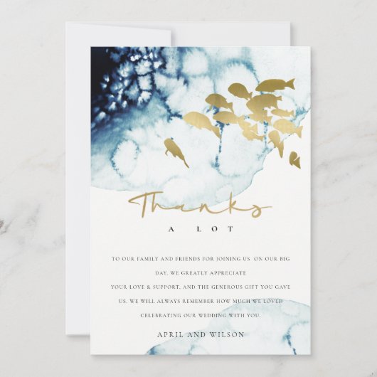 ELEGANT GOLD NAVY UNDERWATER ZEE VIS WEDING BEDANKKAART (Voorkant)