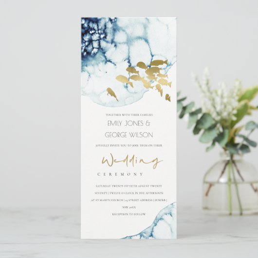 ELEGANT GOLD NAVY UNDERWATER ZEE VIS WEDING KAART (Staand voorkant)