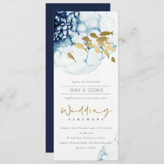 ELEGANT GOLD NAVY UNDERWATER ZEE VIS WEDING KAART (Voorkant / Achterkant)