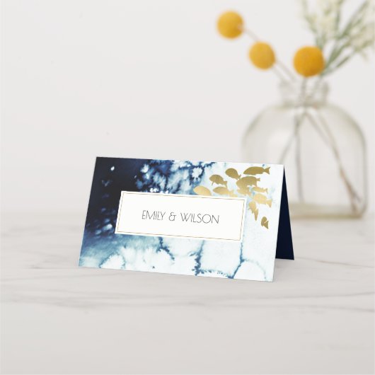 ELEGANT GOLD NAVY UNDERWATER ZEE VIS WEDING PLAATSKAARTJE (Achterkant)
