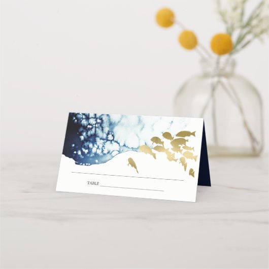 ELEGANT GOLD NAVY UNDERWATER ZEE VIS WEDING PLAATSKAARTJE (Voorkant)