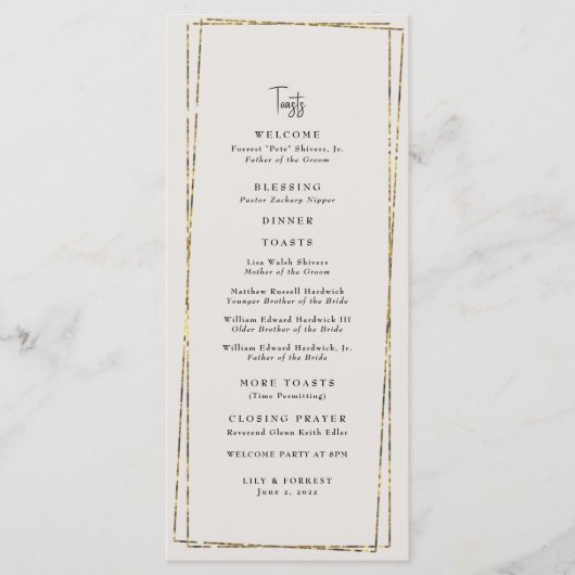 Elegant Gold Neutral Wedding Toasts Menu (Voorkant)