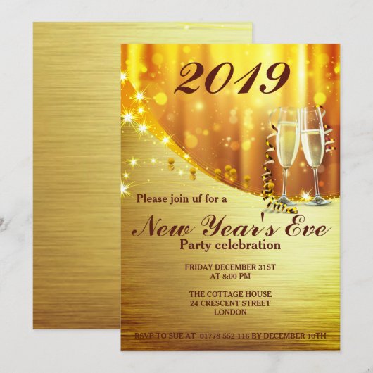 Elegant Gold New Year Uitnodiging voor Eve Party (Voorkant / Achterkant)