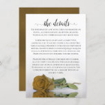 Elegant Gold Ochre Romantic Roos Wedding Details Informatiekaartje<br><div class="desc">Deze mooie trouwbijsluitkaart is ontworpen om u extra ruimte te bieden voor alle informatie die uw gasten nodig hebben, zoals website, register, ontvangst, reizen, accommodaties of andere details. De kaart biedt een prachtig ontwerp met één reflecterend goudkleurig roos en een alfabetische scripttitel voor het schrijven van "de details". De achterkant...</div>