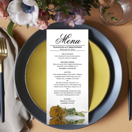 Elegant Gold Ochre Yellow Rose Reflection Wedding Menu