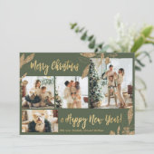 Elegant Gold Olive Green 4-foto's kerstkaart (Staand voorkant)