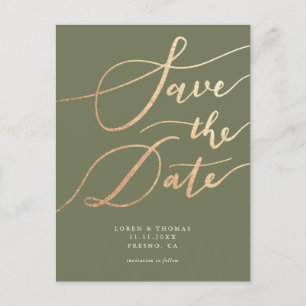 Elegant Gold Olive Green Script Save the Date Aankondigingskaart