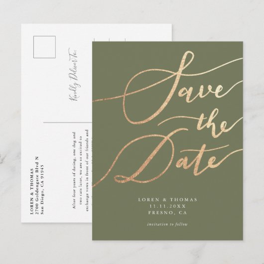 Elegant Gold Olive Green Script Save the Date Aankondigingskaart (Voorkant / Achterkant)