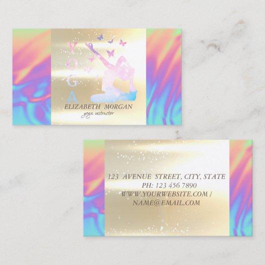Elegant Gold Ombre Holographic Yoga Instructor Visitekaartje (Voorkant / Achterkant)