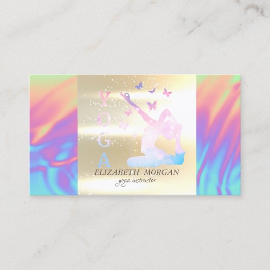 Elegant Gold Ombre Holographic Yoga Instructor Visitekaartje (Voorkant)