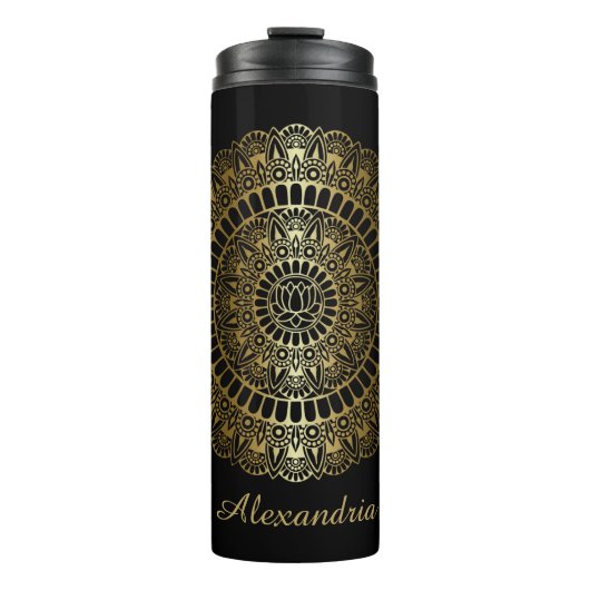 Elegant Gold op Black Lotus Henna Mandala Thermosbeker (Voorkant)