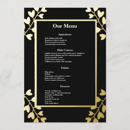 Elegant Gold op Black Wedding Dinner Menu (Voorkant)