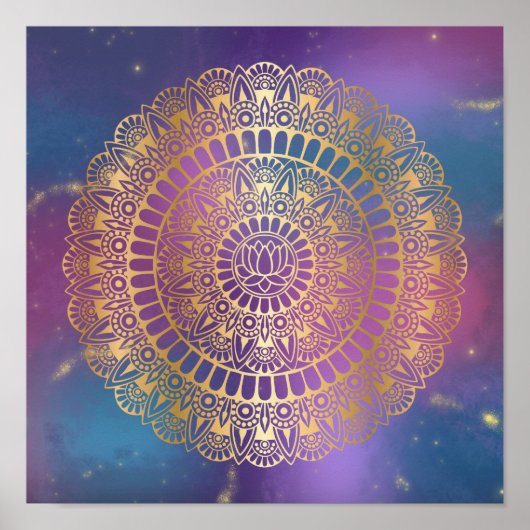 Elegant Gold op Bright Nebula Lotus Henna Mandala Poster (Voorkant)