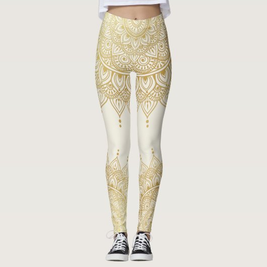 Elegant Gold op Cream Floral Henna Mandala Legging (Voorkant)