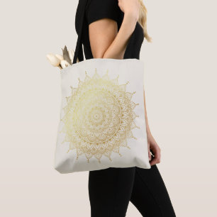 Elegant Gold op Cream Floral Henna Mandala Tote Bag