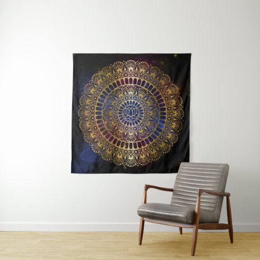 Elegant Gold op Dark Nebula Lotus Henna Mandala Wandkleed (In situ)