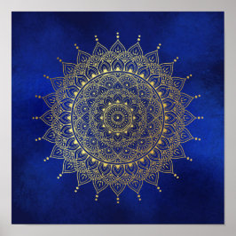 Elegant Gold op Deep Blue Floral Henna Mandala Art Poster