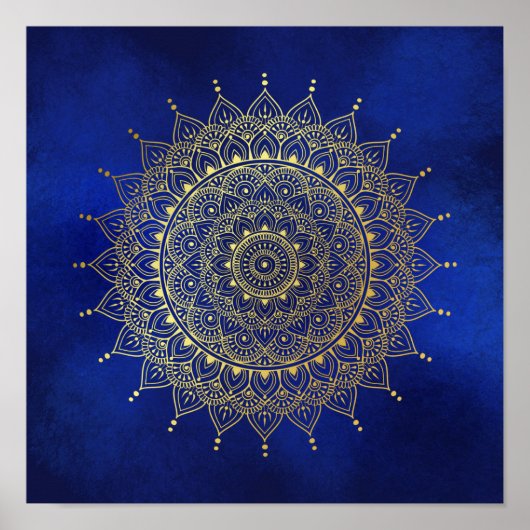 Elegant Gold op Deep Blue Floral Henna Mandala Art Poster (Voorkant)
