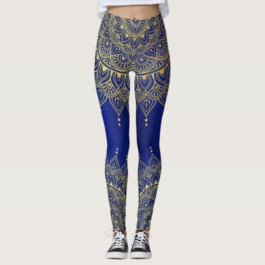 Elegant Gold op Deep Blue Floral Henna Mandala Leggings (Voorkant)