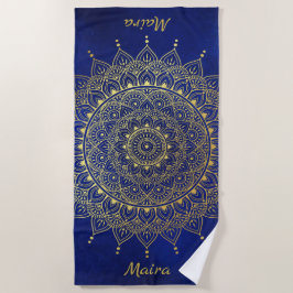 Elegant Gold op Deep Blue Floral Henna Mandala Strandlaken