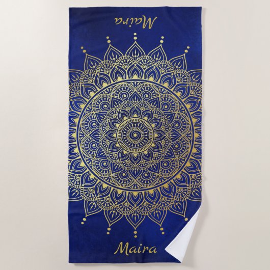 Elegant Gold op Deep Blue Floral Henna Mandala Strandlaken (Voorkant)