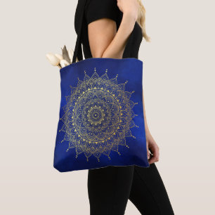 Elegant Gold op Deep Blue Floral Henna Mandala Tote Bag