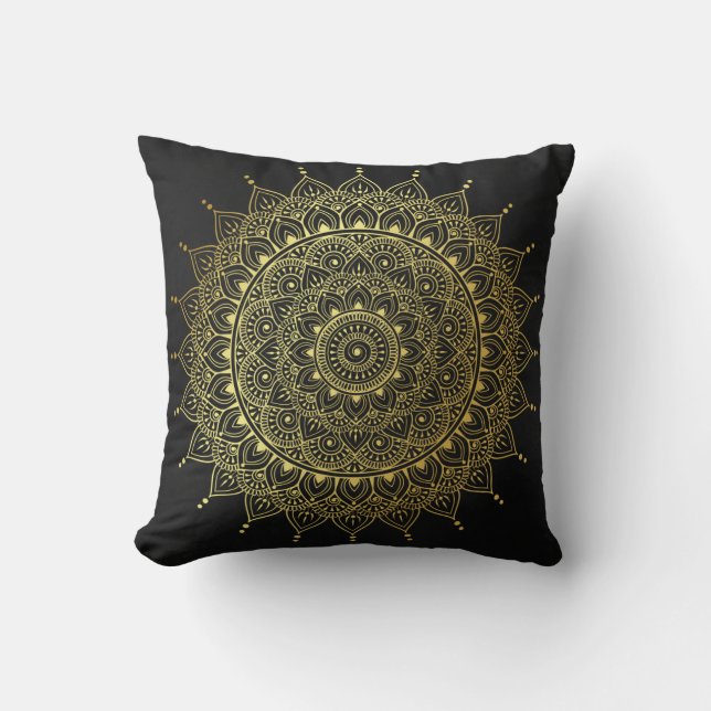 Elegant Gold op Soft Black Floral Henna Mandala Kussen (Voorkant)
