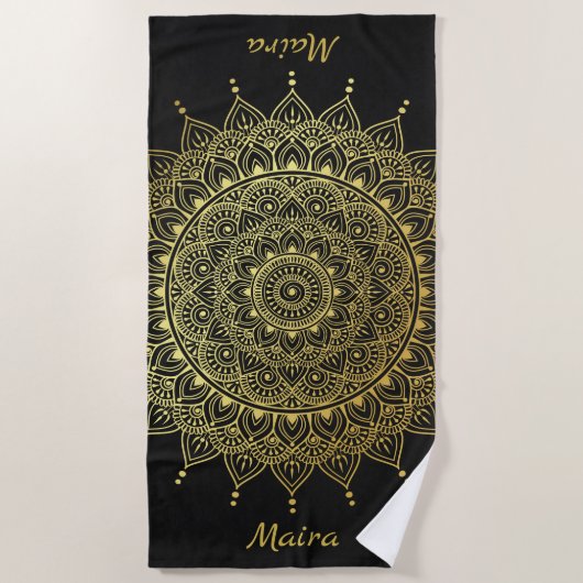 Elegant Gold op Soft Black Floral Henna Mandala Strandlaken (Voorkant)
