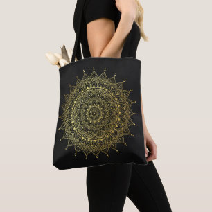 Elegant Gold op Soft Black Floral Henna Mandala Tote Bag
