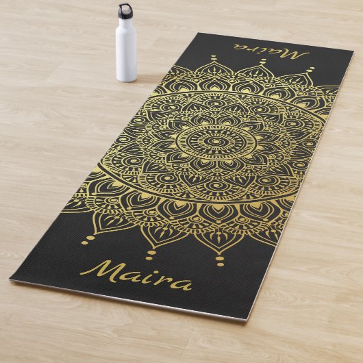 Elegant Gold op Soft Black Floral Henna Mandala Yogamat (In situ)