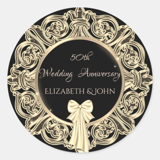 Elegant Gold Ornament, Jubileum uit het Bow Ronde Sticker (Voorkant)